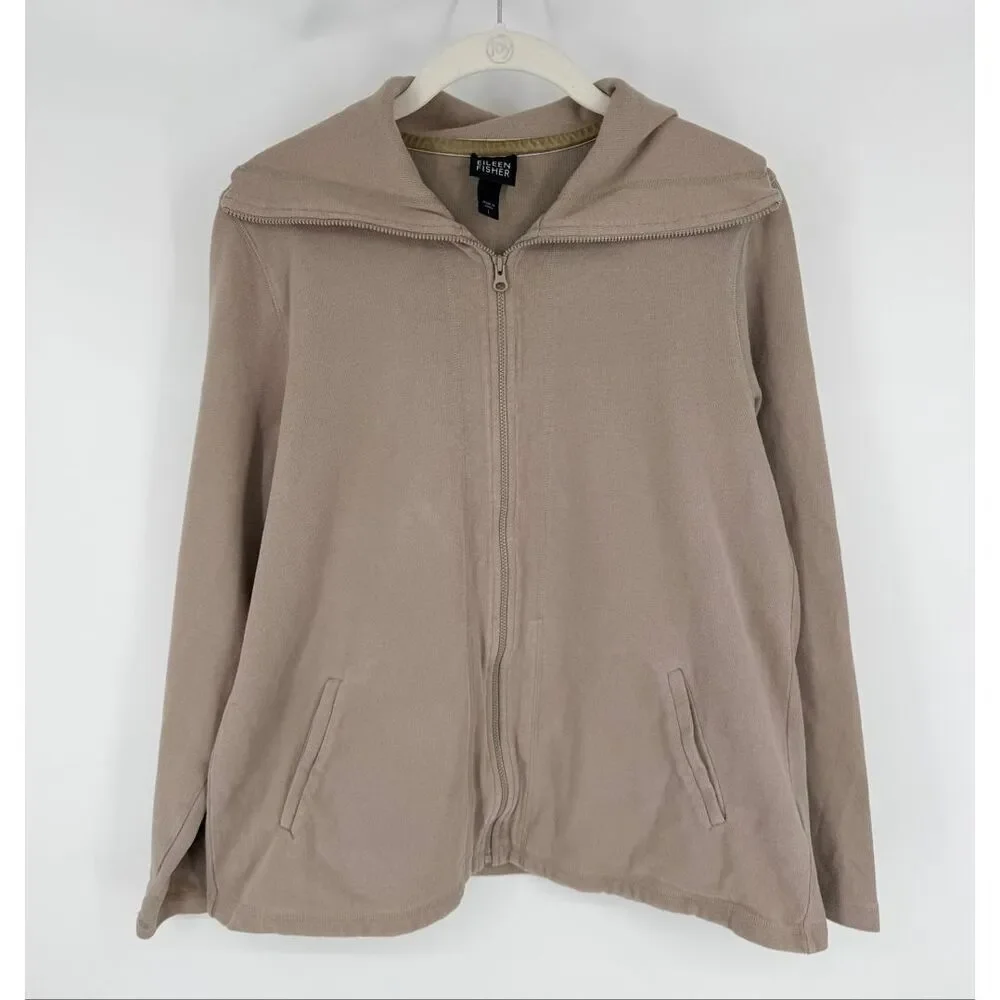 Eileen Fisher Organic Cotton Zip Jacket Funnel Neck Minimalist Beige Women L
